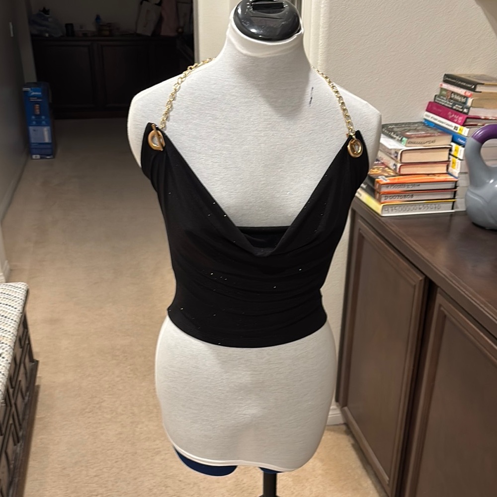 Elegant Black Women's Top with Gold Chain Straps